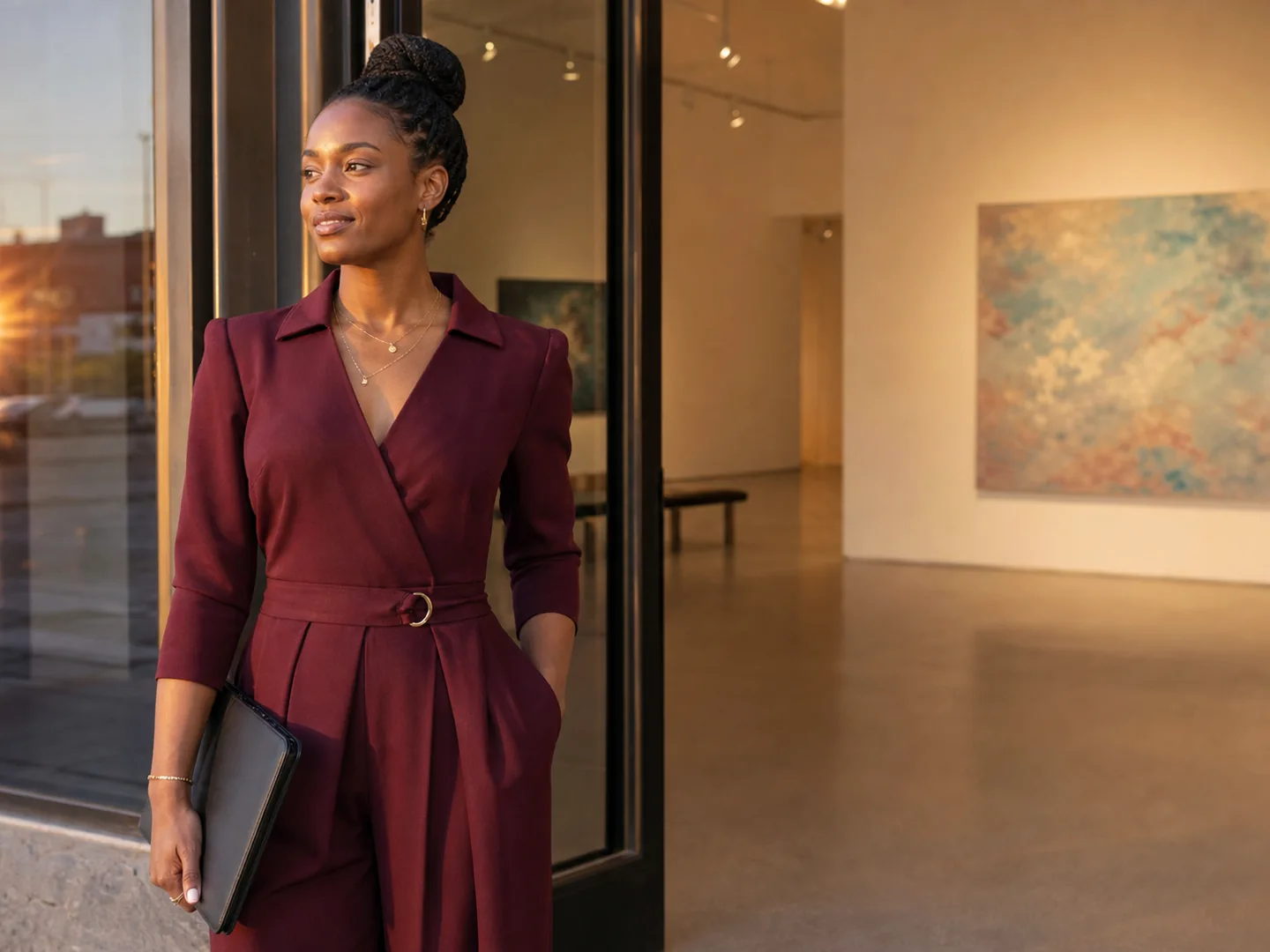 Ambitious adult Denver woman arriving at a contemporary art gallery
