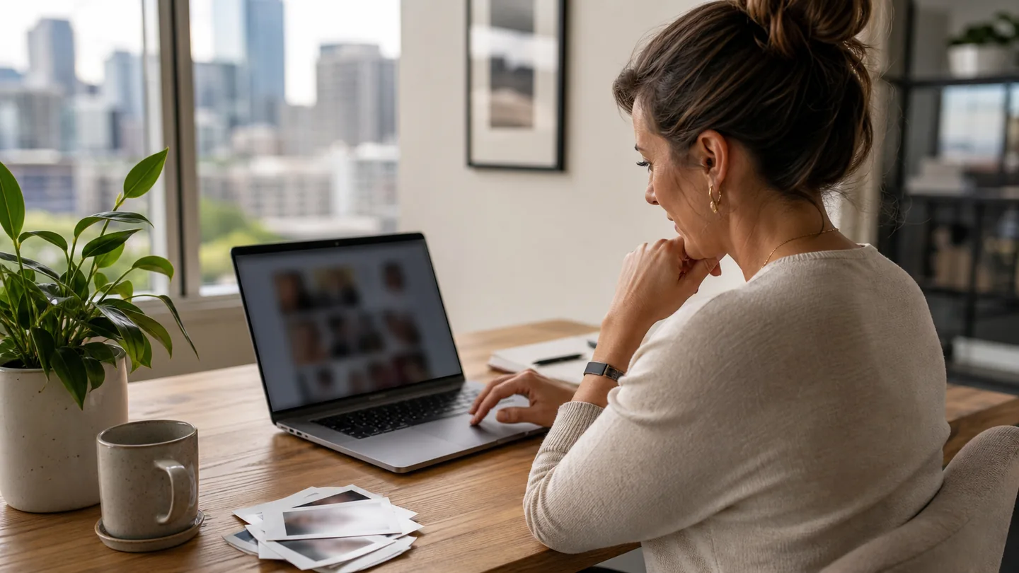 Adult Denver woman reviewing profile photographs on a laptop